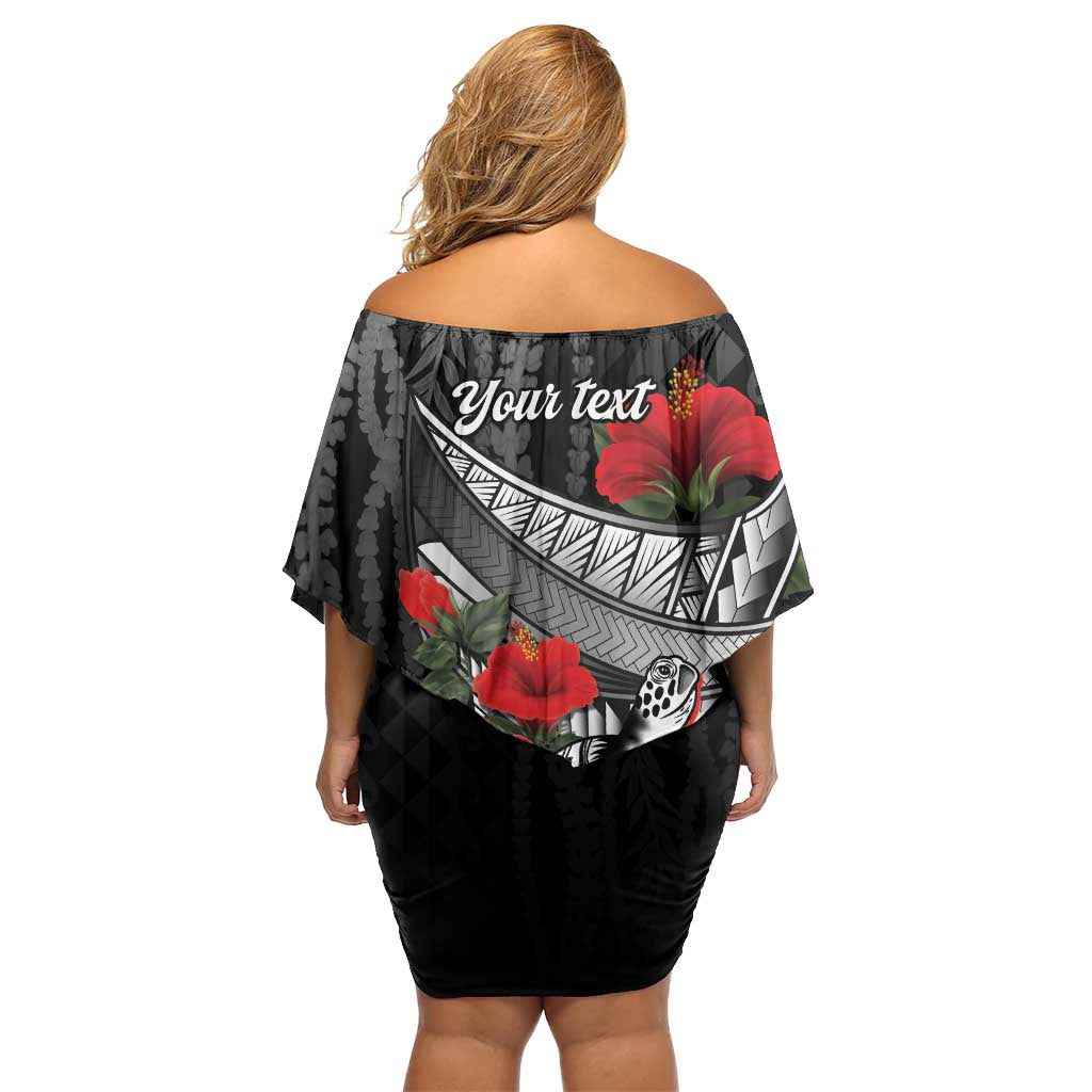 Hawaiian Honu Personalized Off Shoulder Short Dress Black Tribal Hook Pattern LT9 - Polynesian Pride