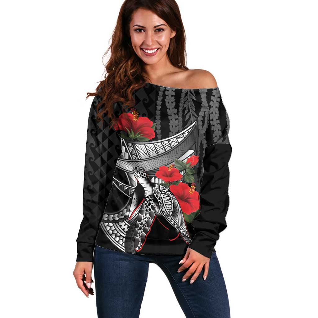 Hawaiian Honu Personalized Off Shoulder Sweater Black Tribal Hook Pattern LT9 Women Black - Polynesian Pride