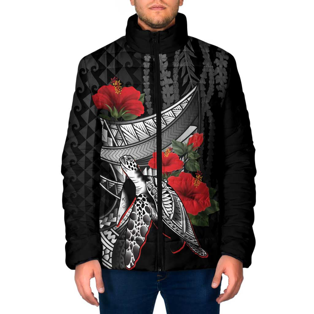 Hawaiian Honu Personalized Padded Jacket Black Tribal Hook Pattern LT9 Men Black - Polynesian Pride