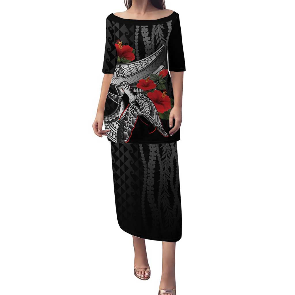 Hawaiian Honu Personalized Puletasi Black Tribal Hook Pattern LT9 Long Dress Black - Polynesian Pride