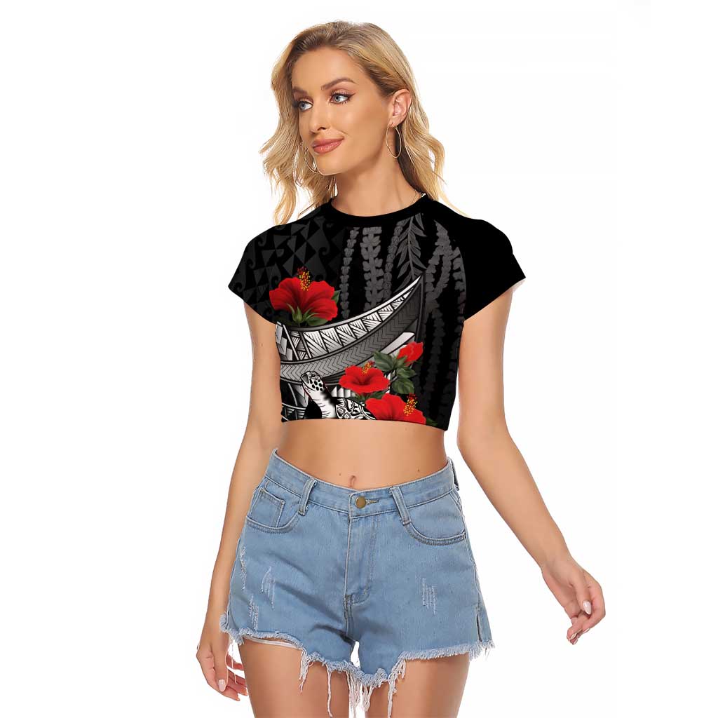 Hawaiian Honu Personalized Raglan Cropped T Shirt Black Tribal Hook Pattern LT9 Female Black - Polynesian Pride
