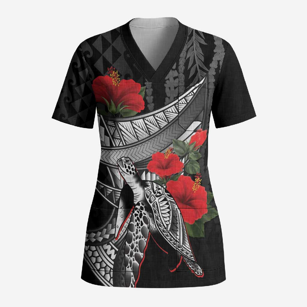 Hawaiian Honu Personalized Scrub Top Black Tribal Hook Pattern LT9 Adult Black - Polynesian Pride
