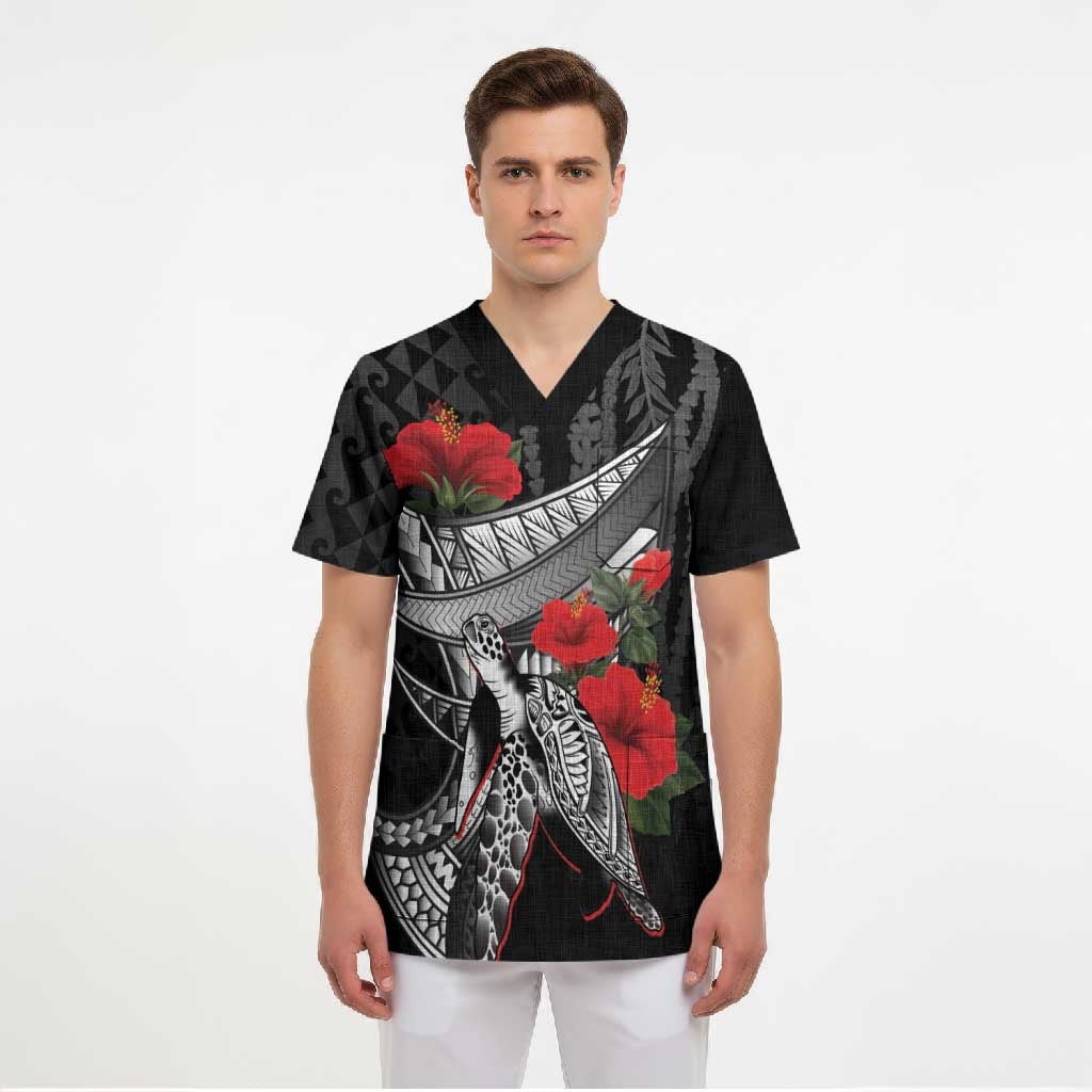Hawaiian Honu Personalized Scrub Top Black Tribal Hook Pattern LT9 - Polynesian Pride
