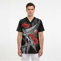 Hawaiian Honu Personalized Scrub Top Black Tribal Hook Pattern LT9 - Polynesian Pride
