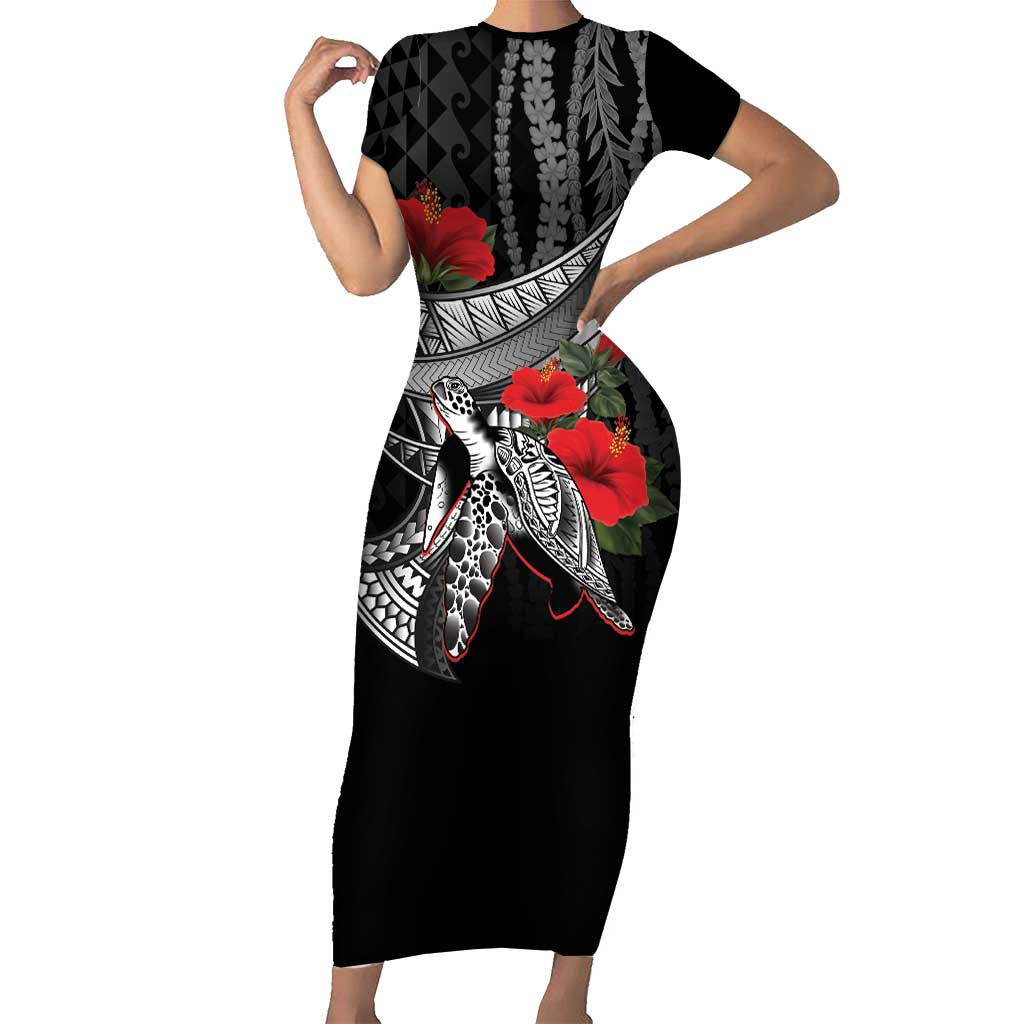 Hawaiian Honu Personalized Short Sleeve Bodycon Dress Black Tribal Hook Pattern LT9 Long Dress Black - Polynesian Pride
