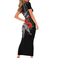 Hawaiian Honu Personalized Short Sleeve Bodycon Dress Black Tribal Hook Pattern LT9 - Polynesian Pride