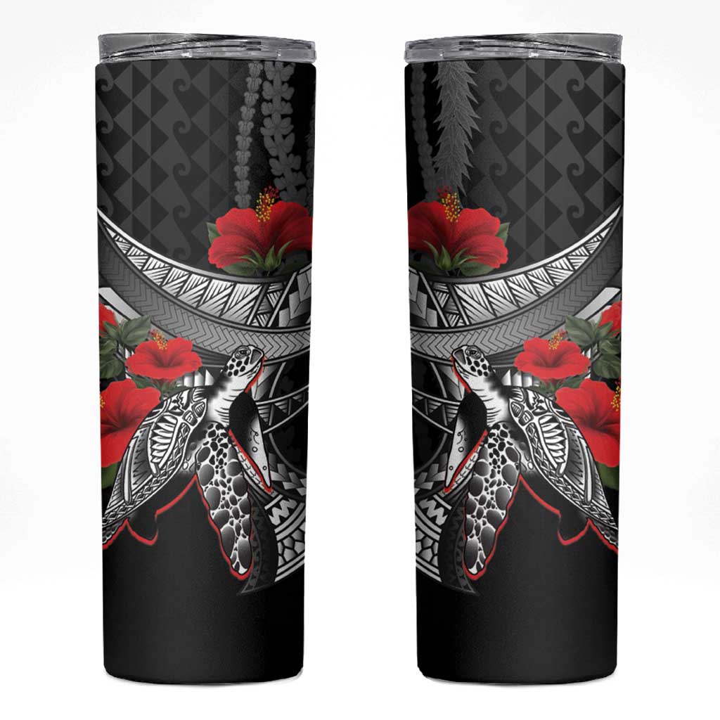 Hawaiian Honu Personalized Skinny Tumbler Black Tribal Hook Pattern LT9 Black - Polynesian Pride