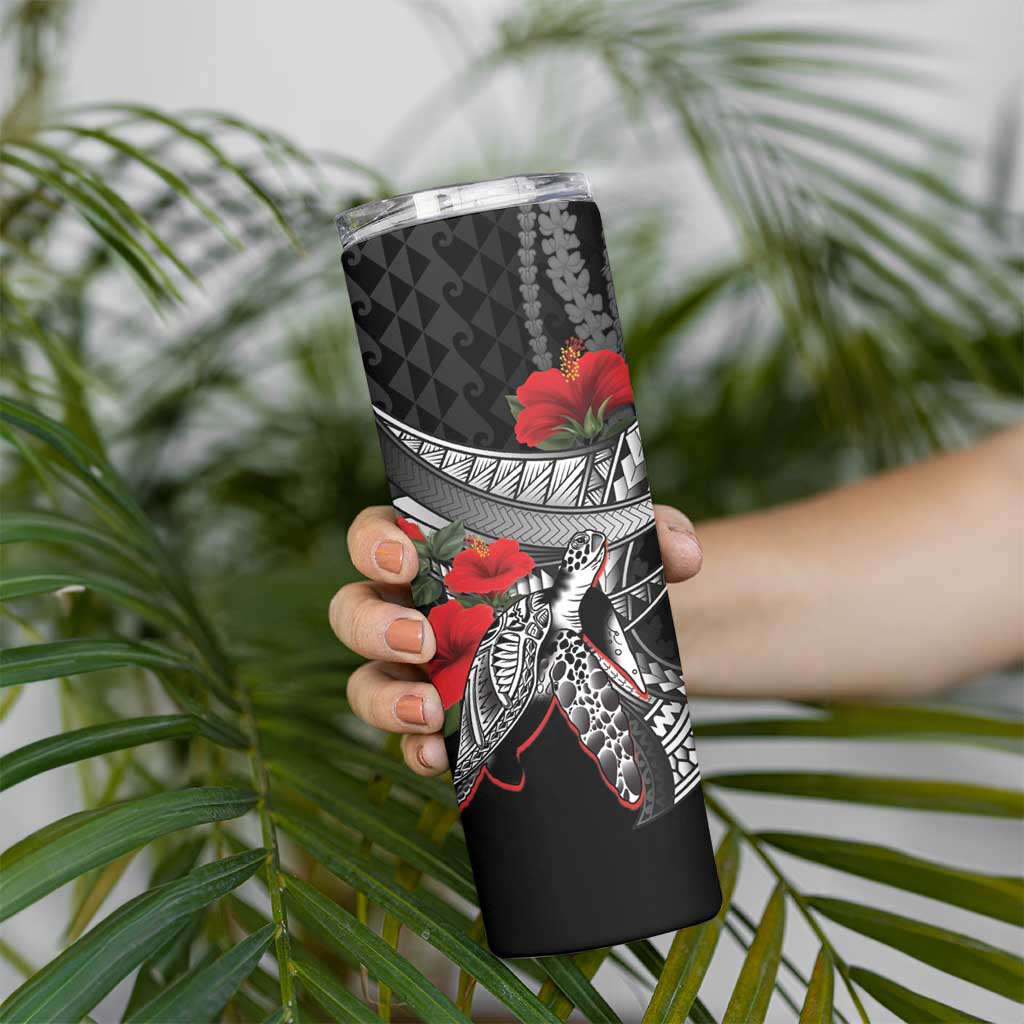 Hawaiian Honu Personalized Skinny Tumbler Black Tribal Hook Pattern LT9 - Polynesian Pride