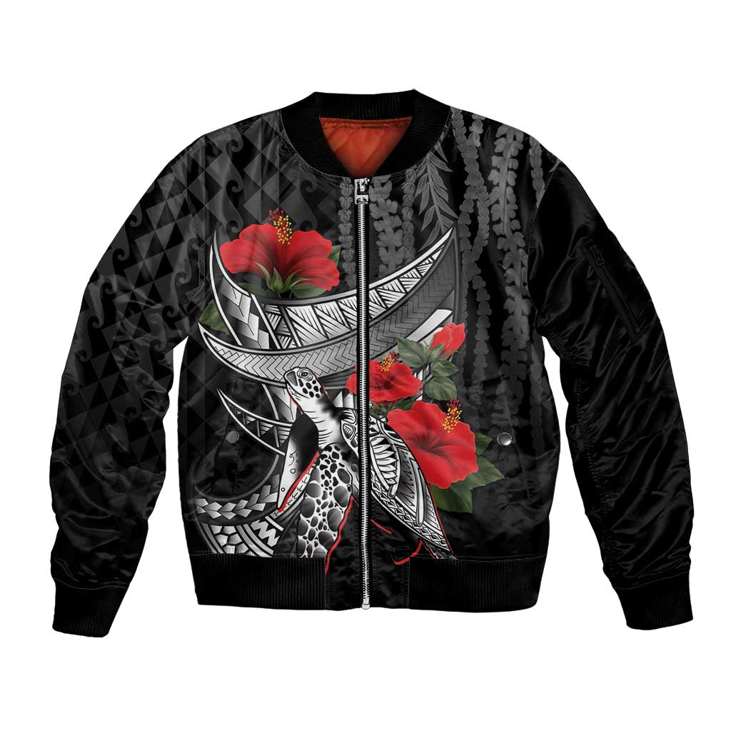 Hawaiian Honu Personalized Sleeve Zip Bomber Jacket Black Tribal Hook Pattern