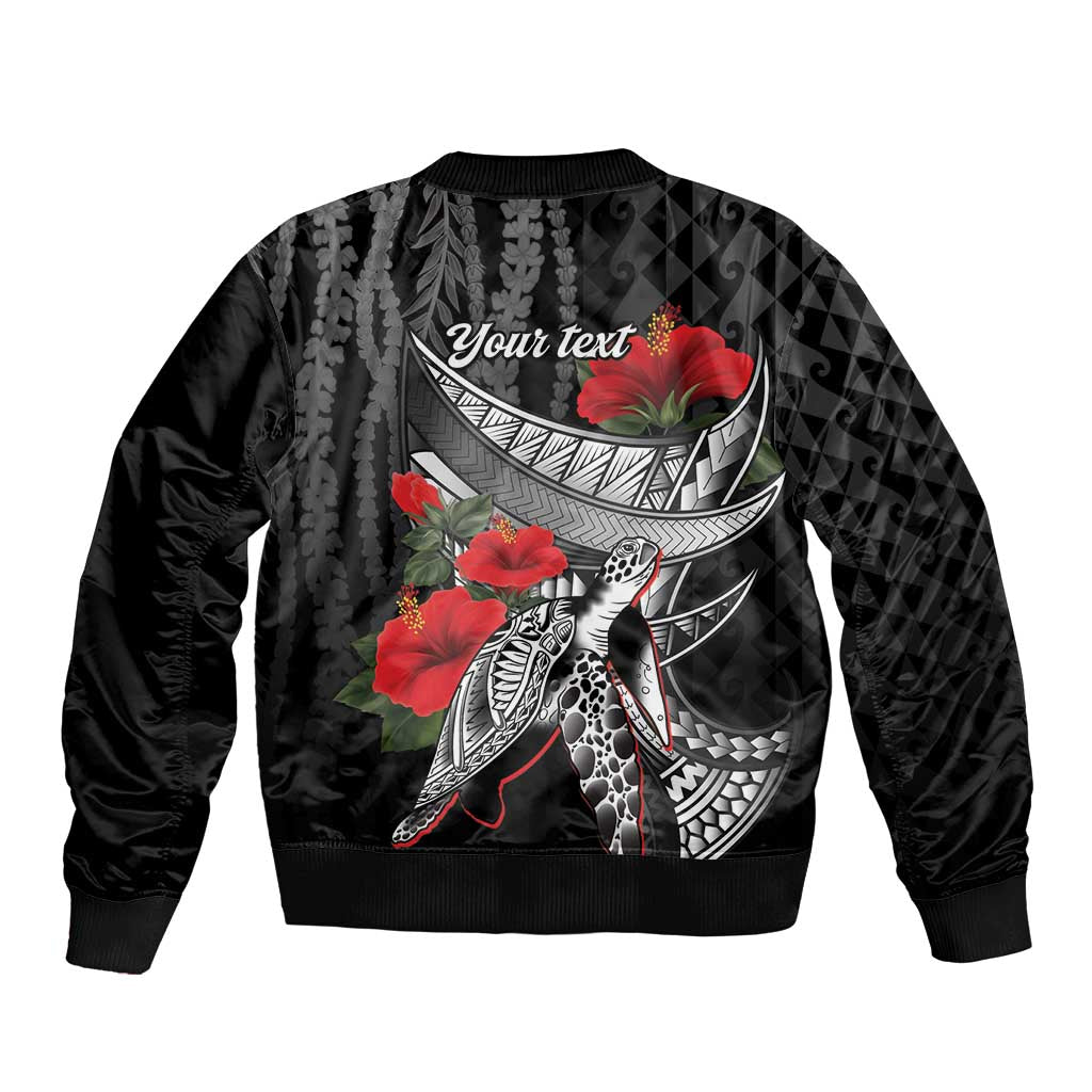 Hawaiian Honu Personalized Sleeve Zip Bomber Jacket Black Tribal Hook Pattern