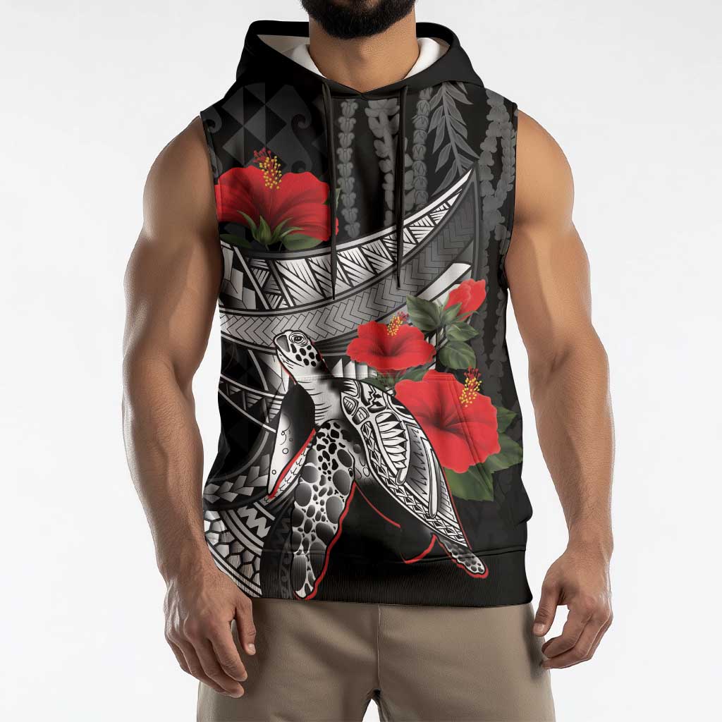 Hawaiian Honu Personalized Sleeveless Hoodie Black Tribal Hook Pattern LT9 - Polynesian Pride