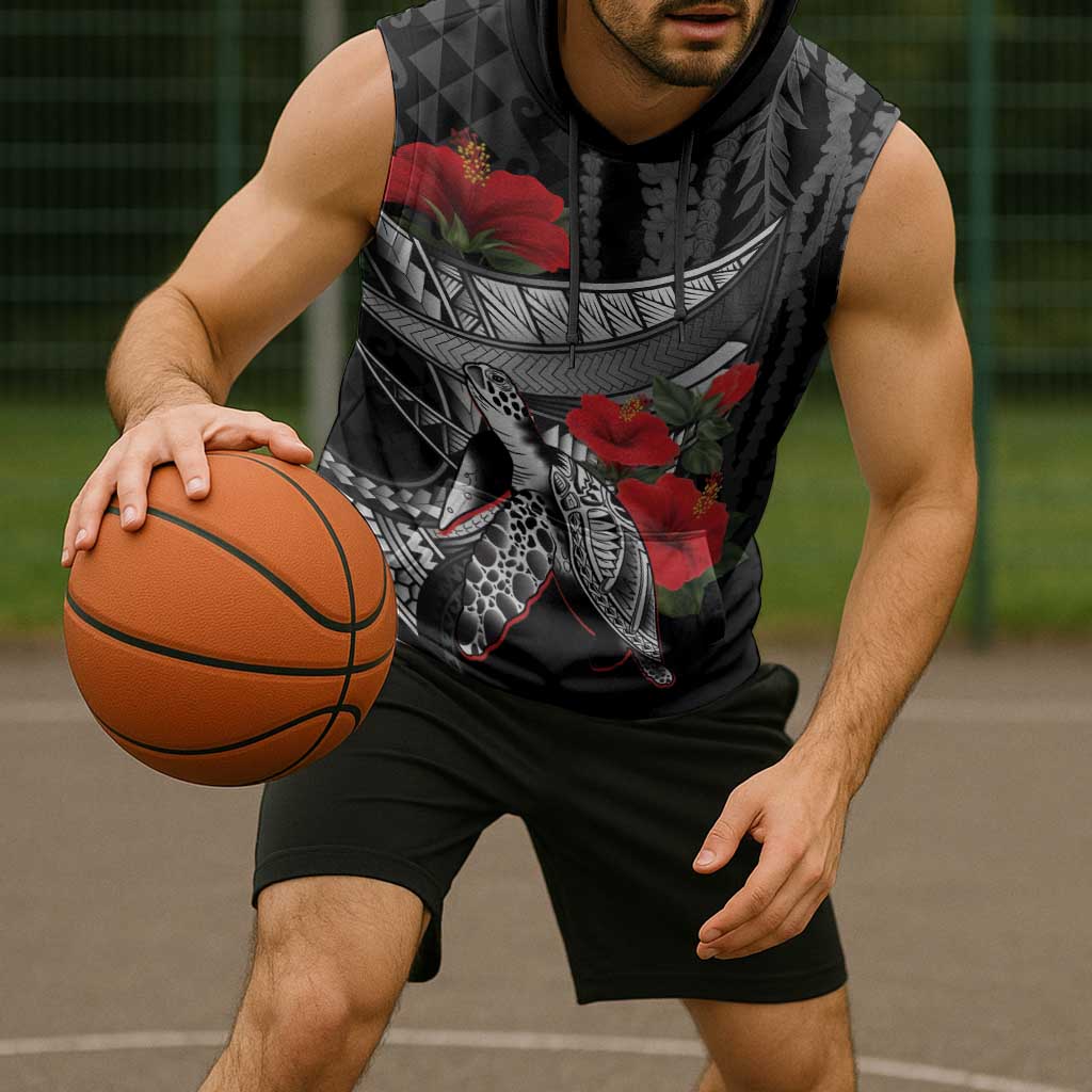 Hawaiian Honu Personalized Sleeveless Hoodie Black Tribal Hook Pattern LT9 - Polynesian Pride
