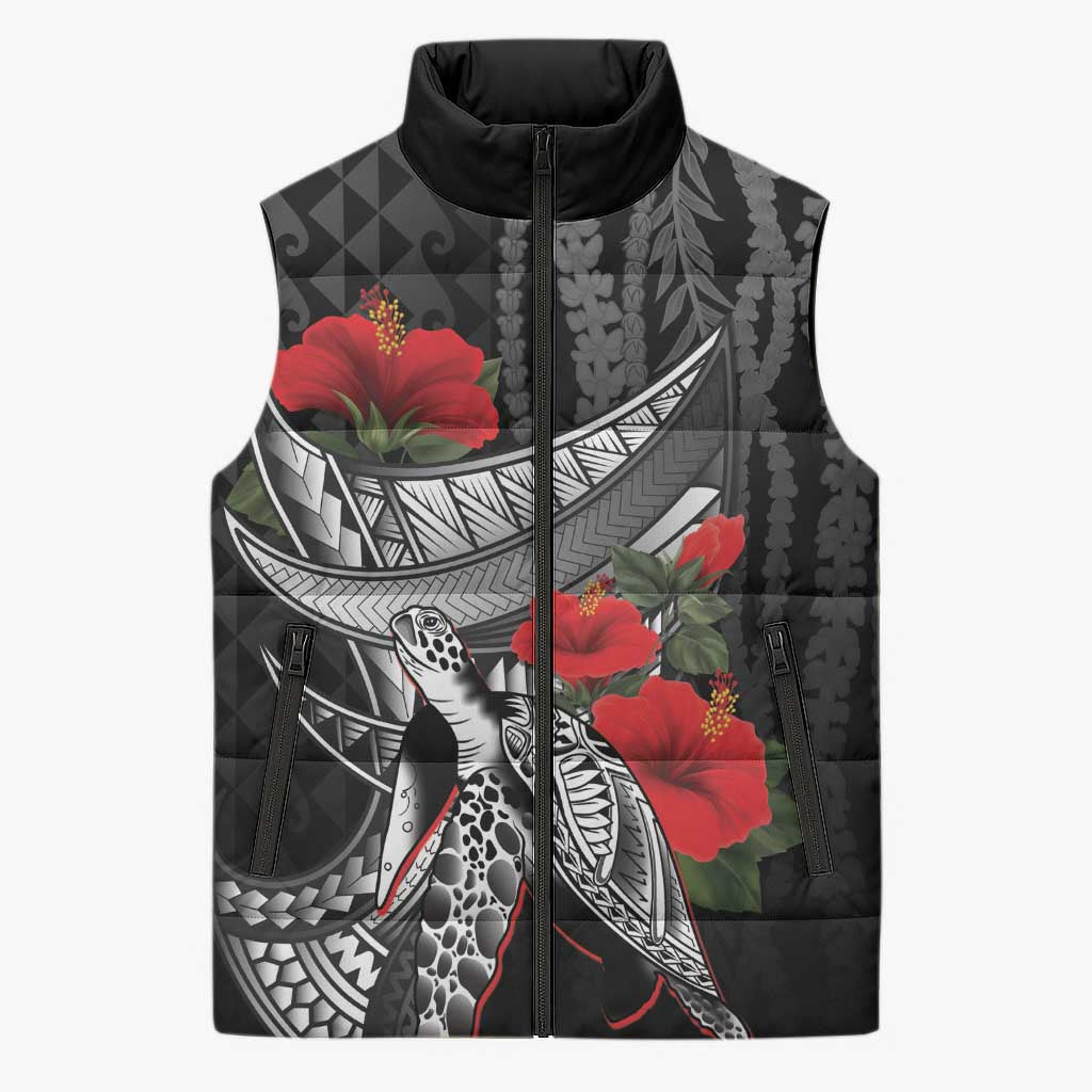Hawaiian Honu Personalized Sleeveless Puffer Jacket Black Tribal Hook Pattern LT9 Unisex Black - Polynesian Pride