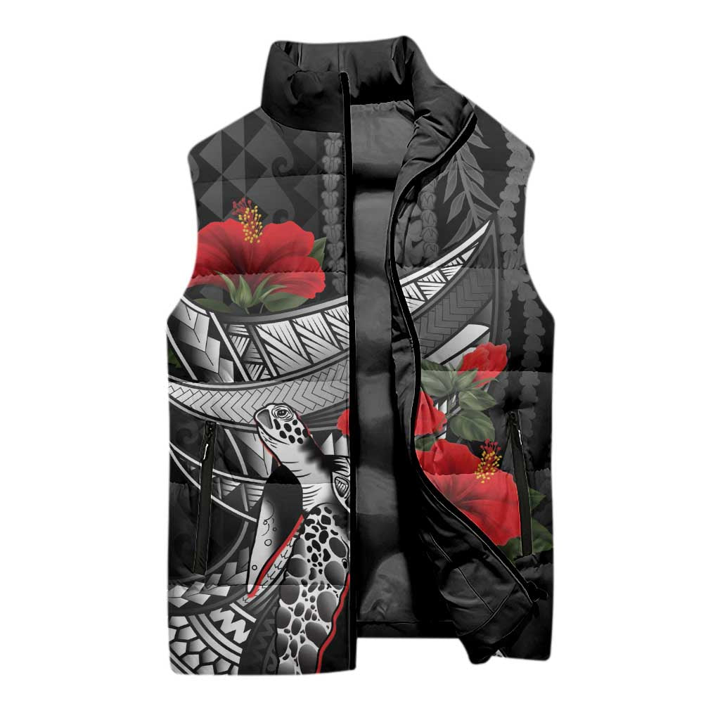 Hawaiian Honu Personalized Sleeveless Puffer Jacket Black Tribal Hook Pattern LT9 - Polynesian Pride