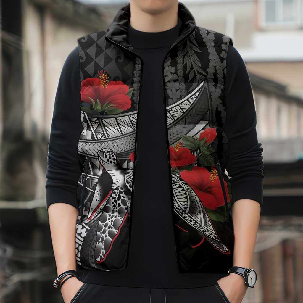 Hawaiian Honu Personalized Sleeveless Puffer Jacket Black Tribal Hook Pattern LT9 - Polynesian Pride