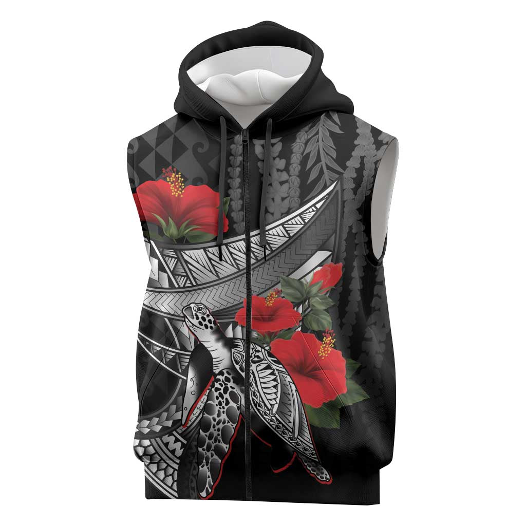 Hawaiian Honu Personalized Sleeveless Zip Hoodie Black Tribal Hook Pattern LT9 Black - Polynesian Pride