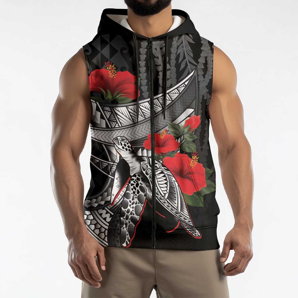 Hawaiian Honu Personalized Sleeveless Zip Hoodie Black Tribal Hook Pattern LT9 - Polynesian Pride
