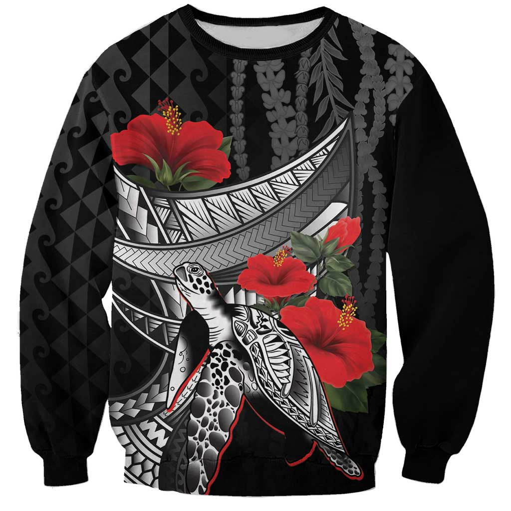 Hawaiian Honu Personalized Sweatshirt Black Tribal Hook Pattern LT9 Unisex Black - Polynesian Pride