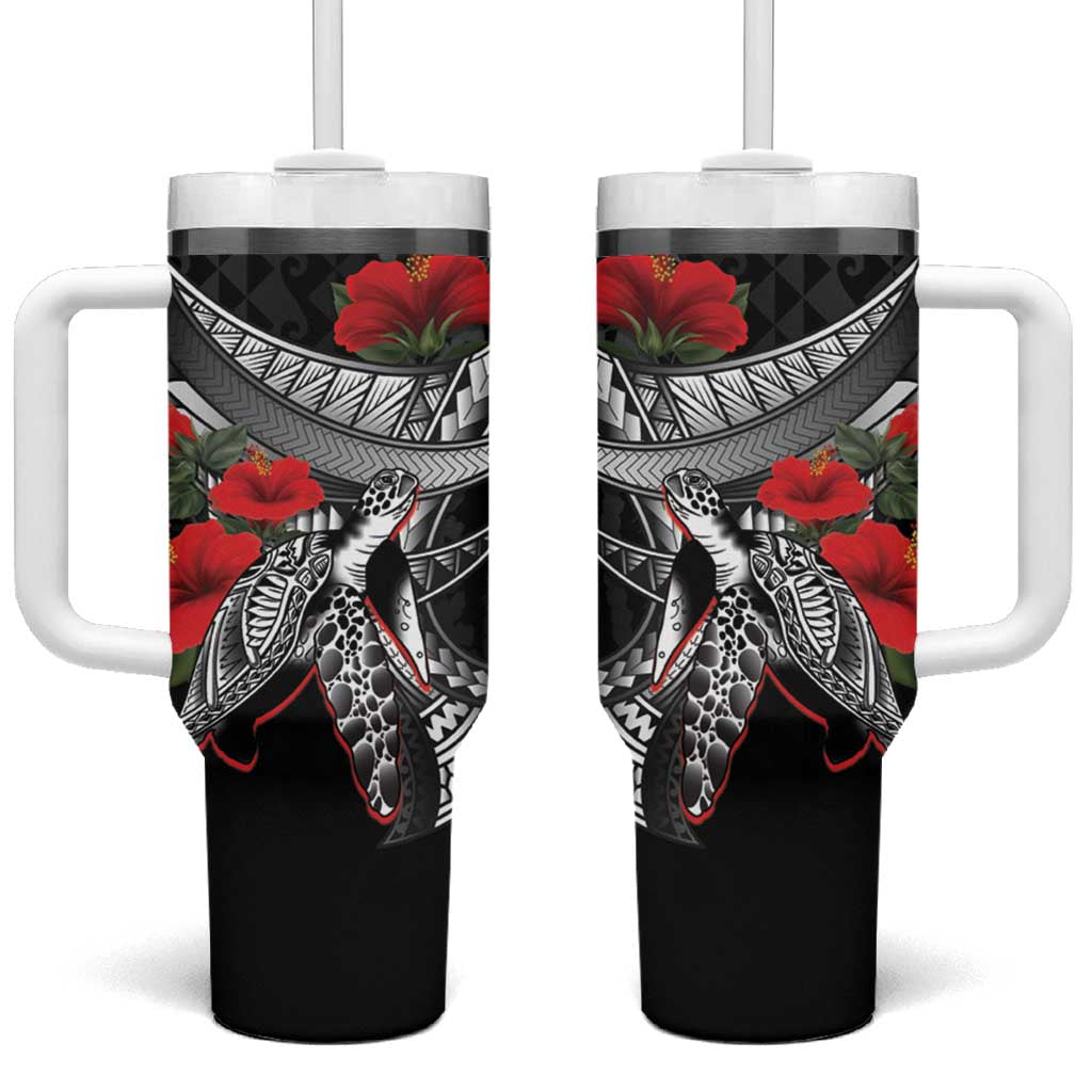 Hawaiian Honu Personalized Tumbler With Handle Black Tribal Hook Pattern LT9 One Size: 40 oz Black - Polynesian Pride