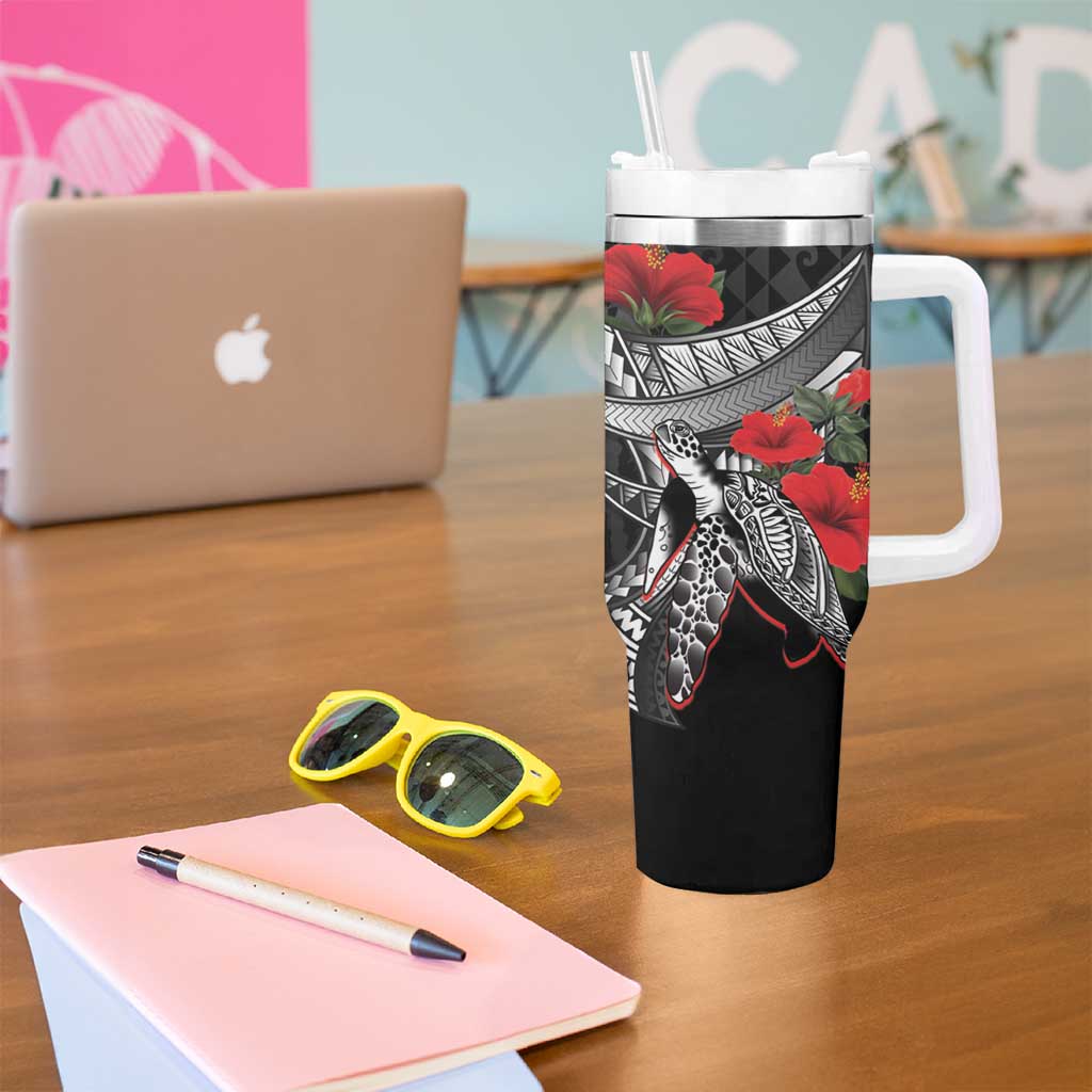 Hawaiian Honu Personalized Tumbler With Handle Black Tribal Hook Pattern LT9 - Polynesian Pride