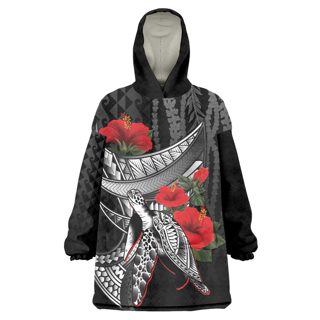Hawaiian Honu Personalized Wearable Blanket Hoodie Black Tribal Hook Pattern LT9 One Size Black - Polynesian Pride