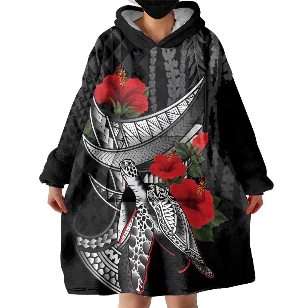 Hawaiian Honu Personalized Wearable Blanket Hoodie Black Tribal Hook Pattern LT9 - Polynesian Pride