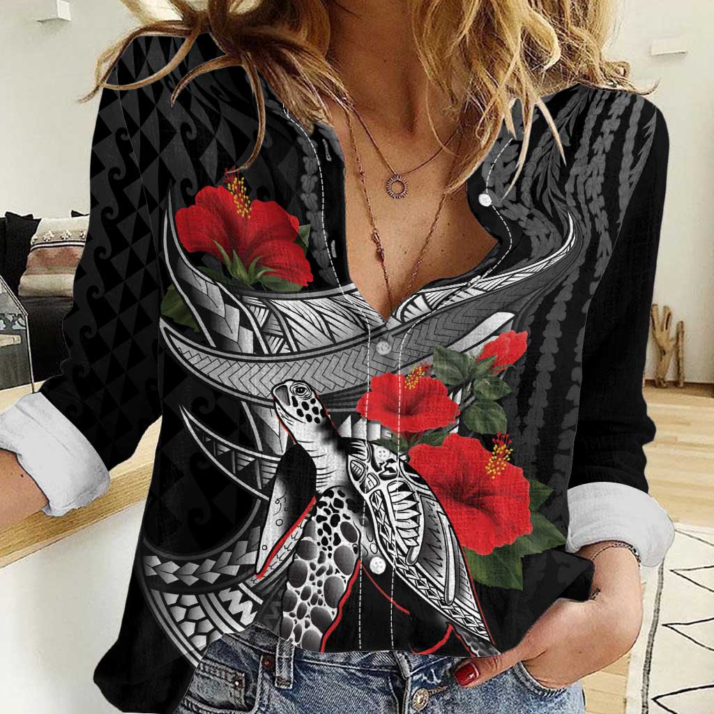Hawaiian Honu Personalized Women Casual Shirt Black Tribal Hook Pattern