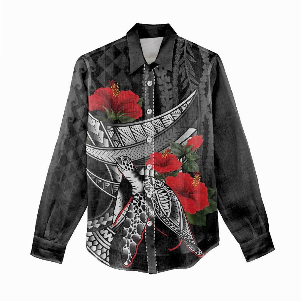 Hawaiian Honu Personalized Women Casual Shirt Black Tribal Hook Pattern