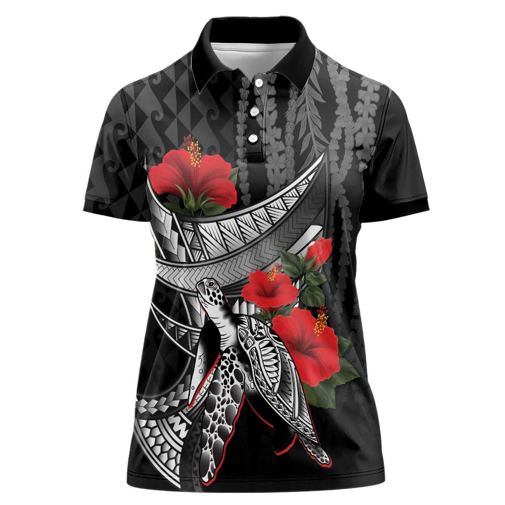Hawaiian Honu Personalized Women Polo Shirt Black Tribal Hook Pattern LT9 Female Black - Polynesian Pride