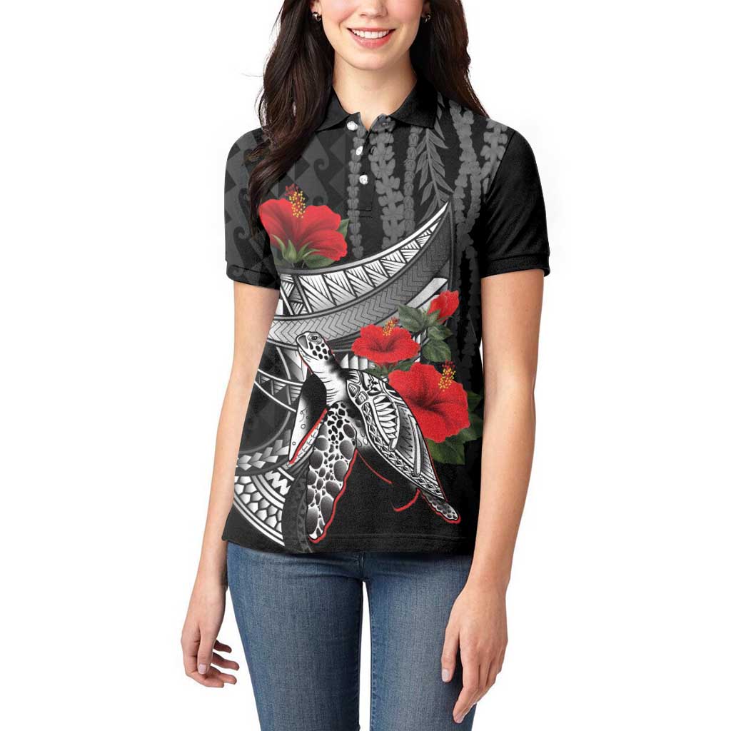Hawaiian Honu Personalized Women Polo Shirt Black Tribal Hook Pattern LT9 - Polynesian Pride