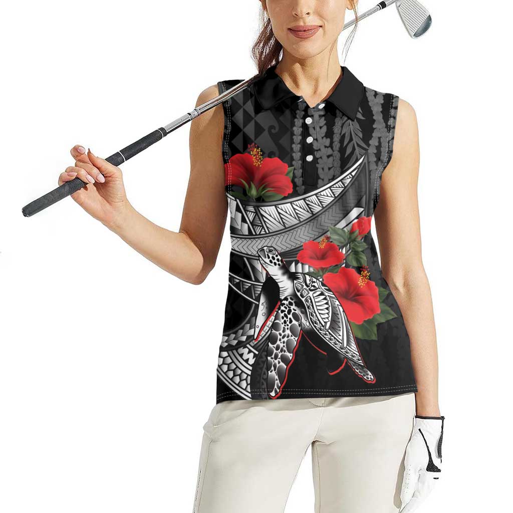 Hawaiian Honu Personalized Women Sleeveless Polo Shirt Black Tribal Hook Pattern LT9 - Polynesian Pride