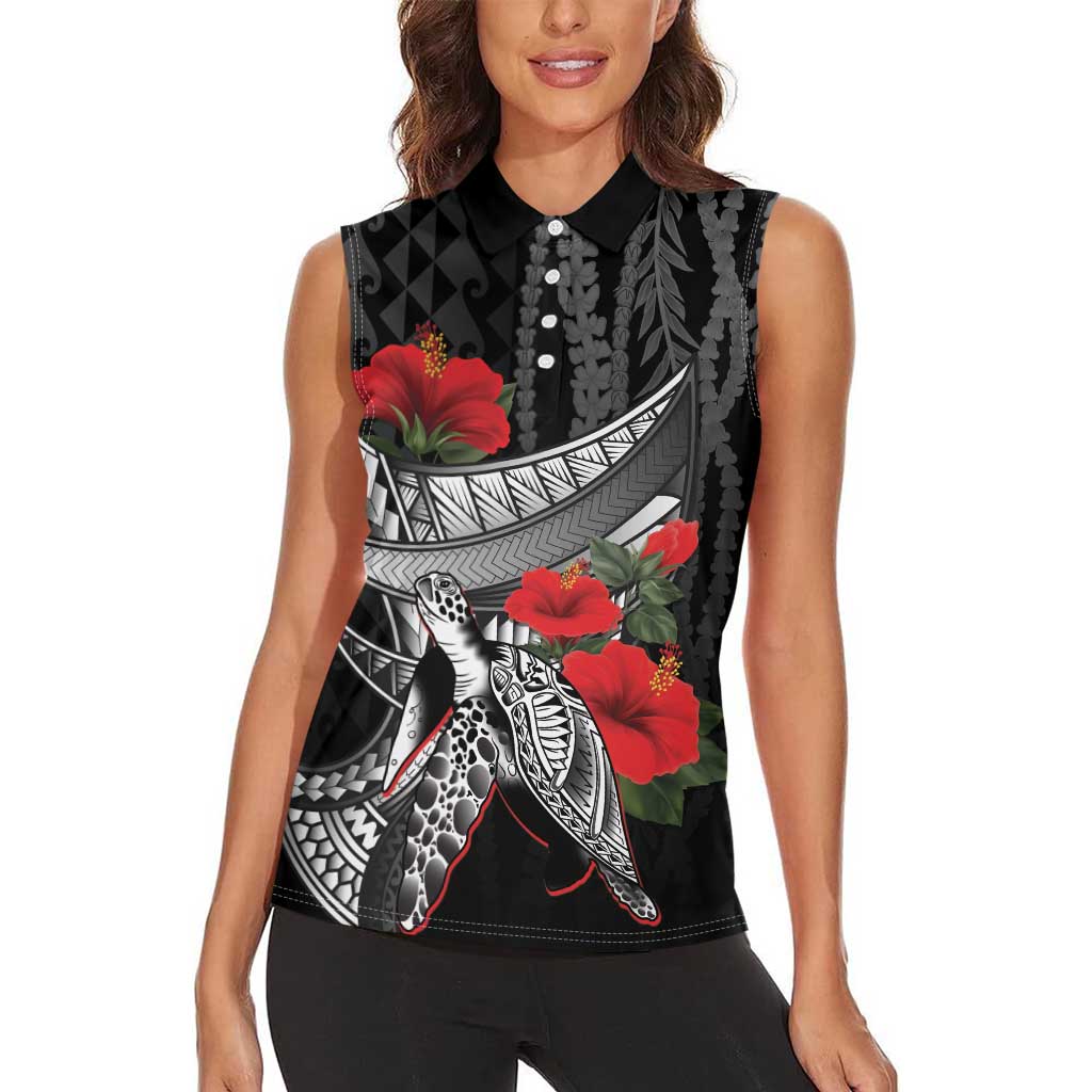 Hawaiian Honu Personalized Women Sleeveless Polo Shirt Black Tribal Hook Pattern LT9 - Polynesian Pride