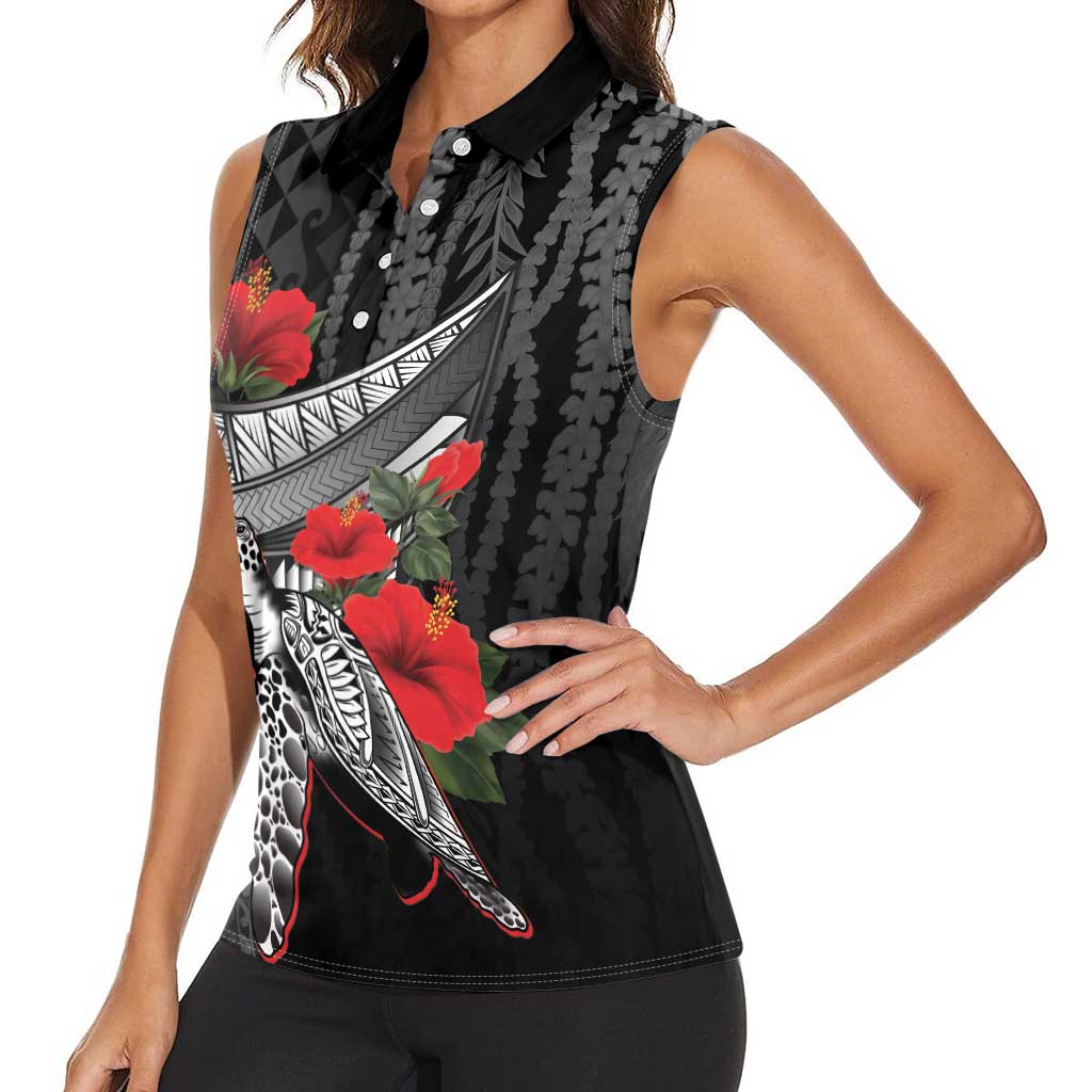 Hawaiian Honu Personalized Women Sleeveless Polo Shirt Black Tribal Hook Pattern LT9 - Polynesian Pride