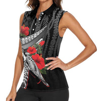 Hawaiian Honu Personalized Women Sleeveless Polo Shirt Black Tribal Hook Pattern LT9 - Polynesian Pride