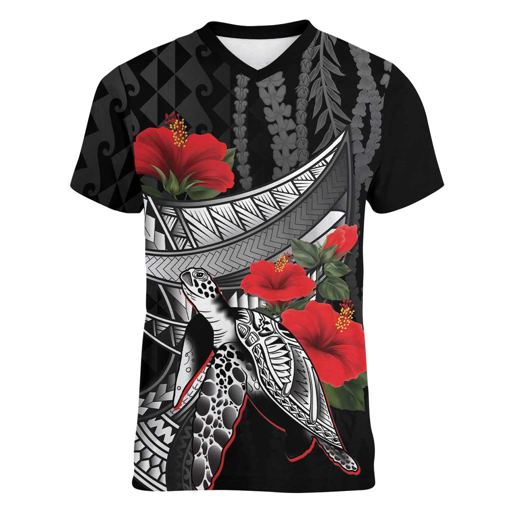 Hawaiian Honu Personalized Women V-Neck T-Shirt Black Tribal Hook Pattern LT9 Female Black - Polynesian Pride