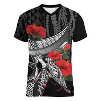 Hawaiian Honu Personalized Women V-Neck T-Shirt Black Tribal Hook Pattern LT9 Female Black - Polynesian Pride
