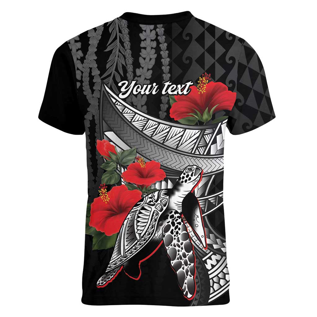 Hawaiian Honu Personalized Women V-Neck T-Shirt Black Tribal Hook Pattern LT9 - Polynesian Pride