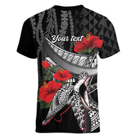 Hawaiian Honu Personalized Women V-Neck T-Shirt Black Tribal Hook Pattern LT9 - Polynesian Pride