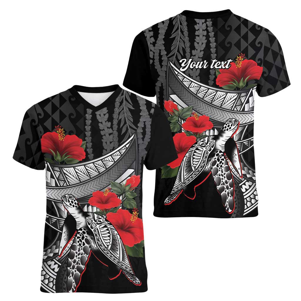 Hawaiian Honu Personalized Women V-Neck T-Shirt Black Tribal Hook Pattern LT9 - Polynesian Pride