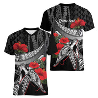 Hawaiian Honu Personalized Women V-Neck T-Shirt Black Tribal Hook Pattern LT9 - Polynesian Pride