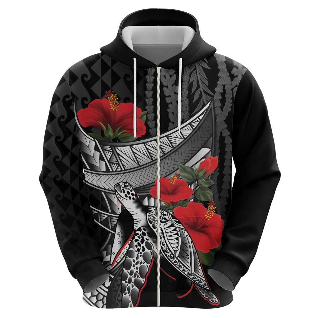 Hawaiian Honu Personalized Zip Hoodie Black Tribal Hook Pattern LT9 - Polynesian Pride