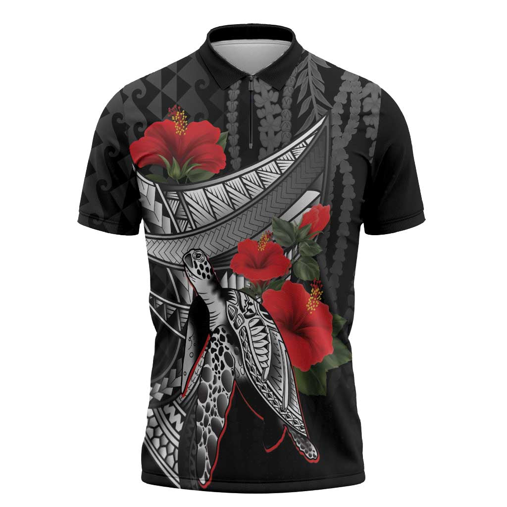 Hawaiian Honu Personalized Zipper Polo Shirt Black Tribal Hook Pattern LT9 Black - Polynesian Pride