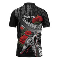 Hawaiian Honu Personalized Zipper Polo Shirt Black Tribal Hook Pattern LT9 - Polynesian Pride