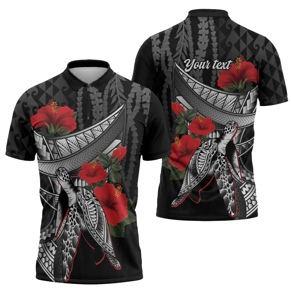 Hawaiian Honu Personalized Zipper Polo Shirt Black Tribal Hook Pattern LT9 - Polynesian Pride