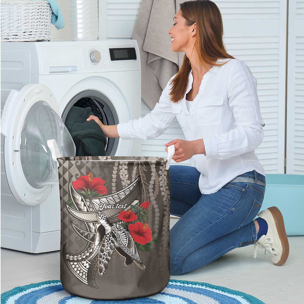 Hawaiian Honu Personalized Laundry Basket Mocha Mousse Hibiscus Tribal Hook Pattern LT9 - Polynesian Pride