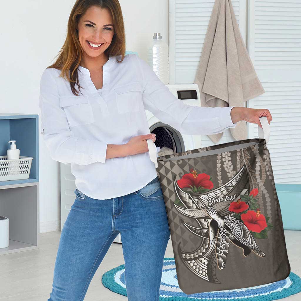 Hawaiian Honu Personalized Laundry Basket Mocha Mousse Hibiscus Tribal Hook Pattern LT9 - Polynesian Pride