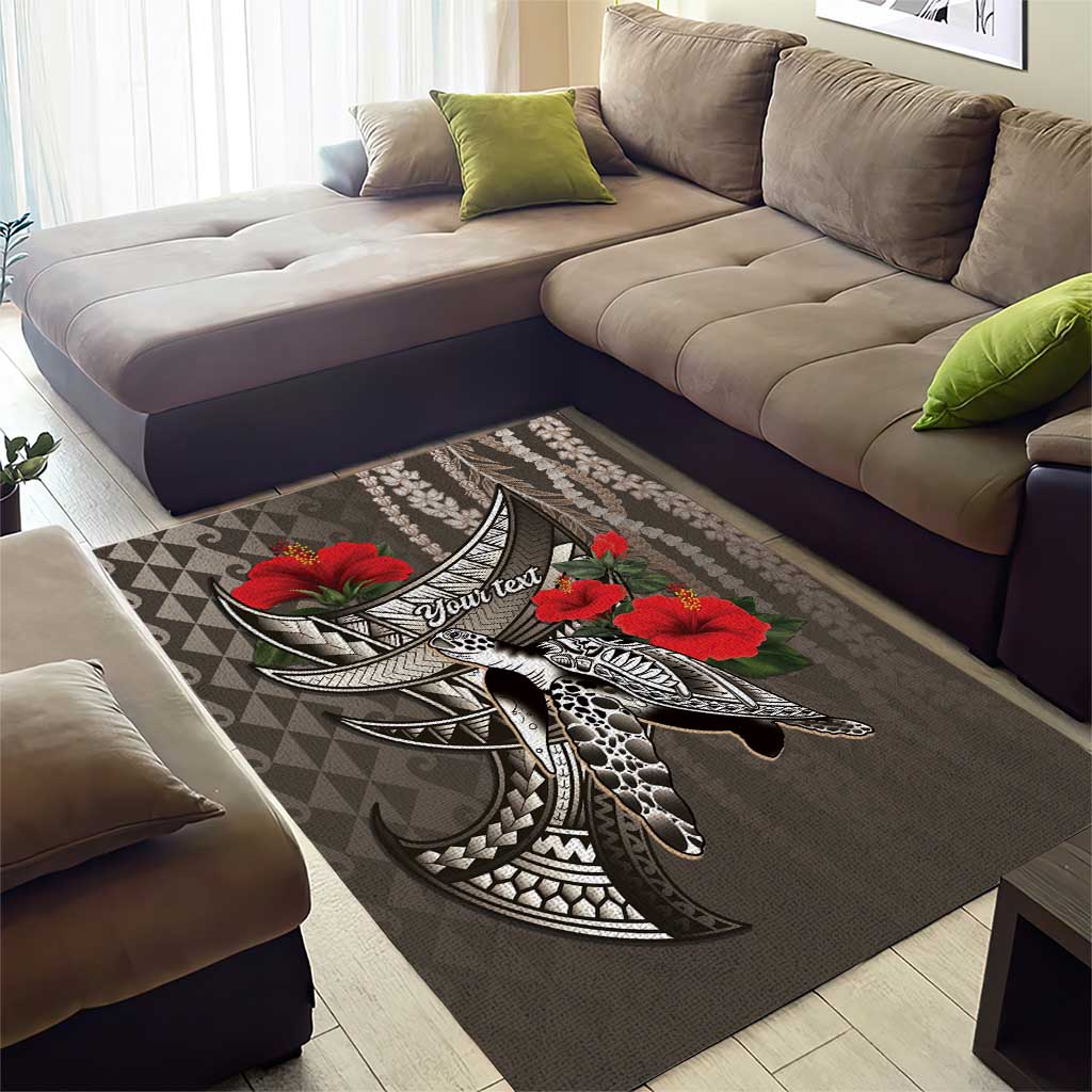 Hawaiian Honu Personalized Area Rug Mocha Mousse Hibiscus Tribal Hook Pattern
