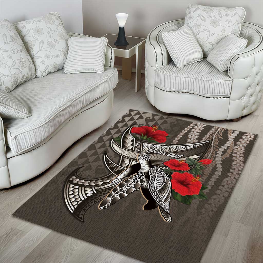 Hawaiian Honu Personalized Area Rug Mocha Mousse Hibiscus Tribal Hook Pattern