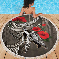 Hawaiian Honu Personalized Beach Blanket Mocha Mousse Hibiscus Tribal Hook Pattern LT9 - Polynesian Pride