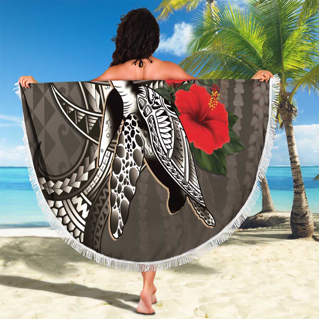 Hawaiian Honu Personalized Beach Blanket Mocha Mousse Hibiscus Tribal Hook Pattern LT9 - Polynesian Pride